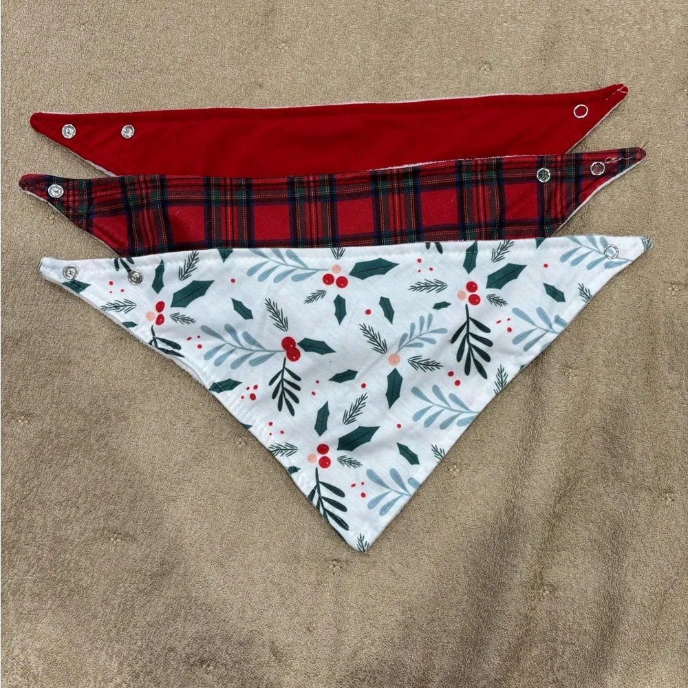 Holiday Bandana Bib Set for Kids - Red, Plaid & White Holly - Snap Closure
